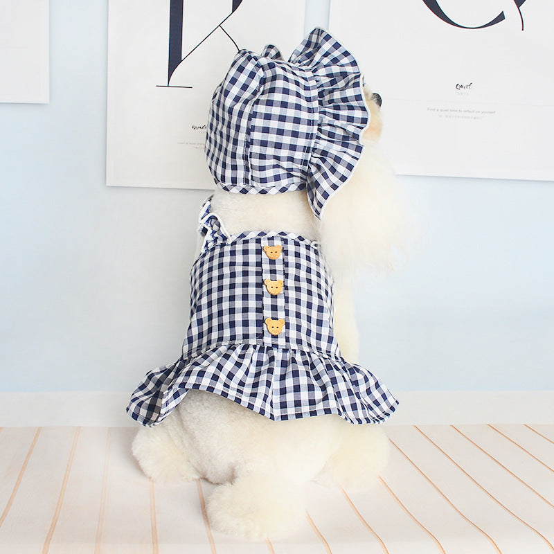 New Spring And Summer Pet Clothes Dog Even Clothes Thin Section Hooded Plaid Ins Pastoral Style Cat Two-Legged Clothes