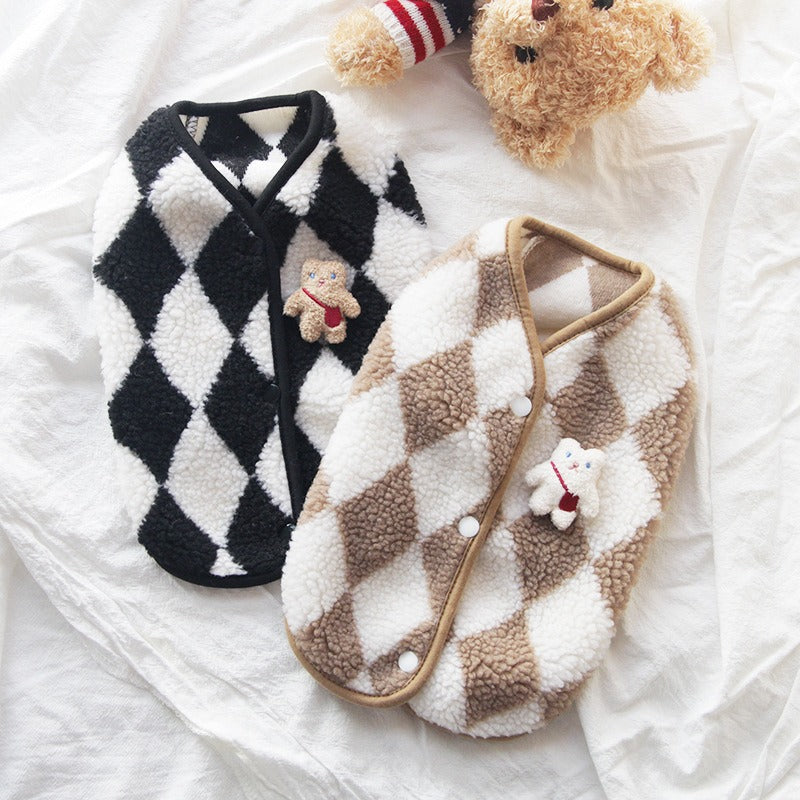Autumn And Winter Clothes Dog Vest Winter Warm Pet Clothes Cats Two Feet Diamond Plaid Fleece Coat New