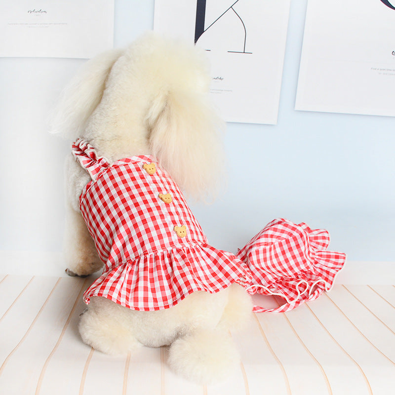New Spring And Summer Pet Clothes Dog Even Clothes Thin Section Hooded Plaid Ins Pastoral Style Cat Two-Legged Clothes