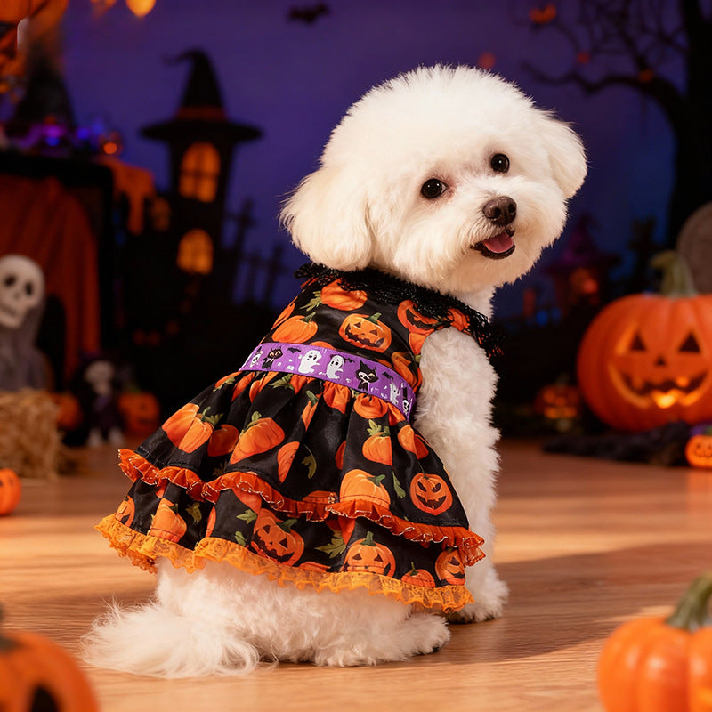 New Halloween Pet Dog Clothes for Medium and Small Dogs, Pumpkin Lace Dress