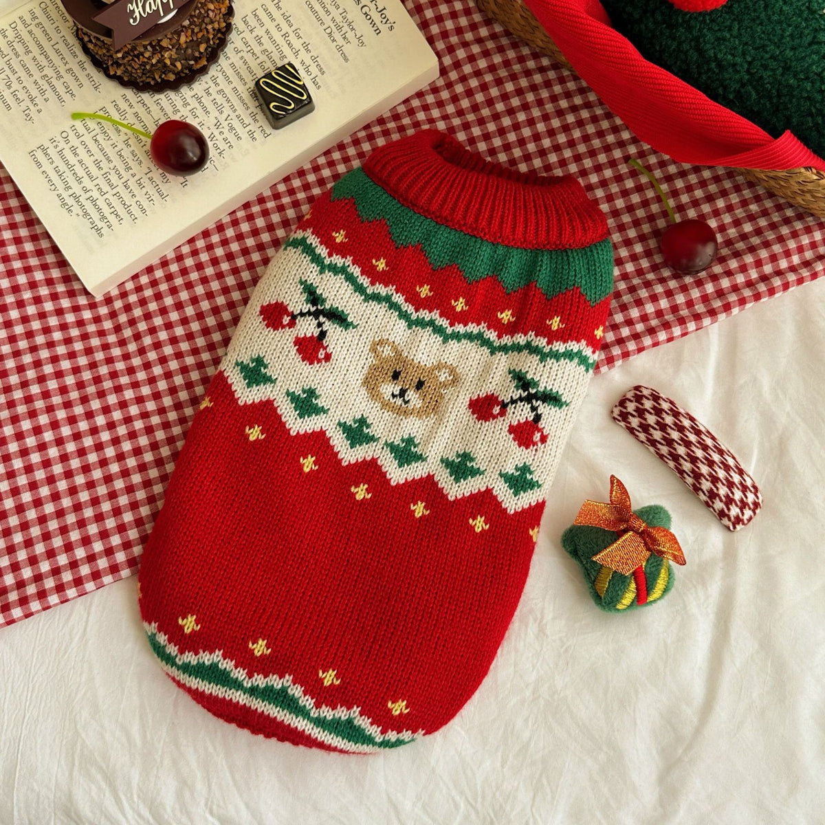 Christmas cherry pet sweater autumn and winter pet dog clothes small dog and cat warm