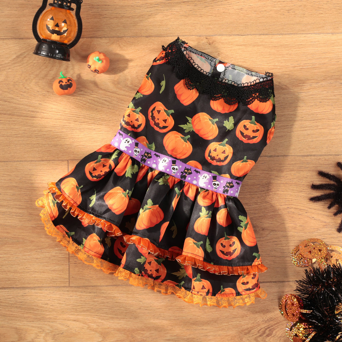 New Halloween Pet Dog Clothes for Medium and Small Dogs, Pumpkin Lace Dress